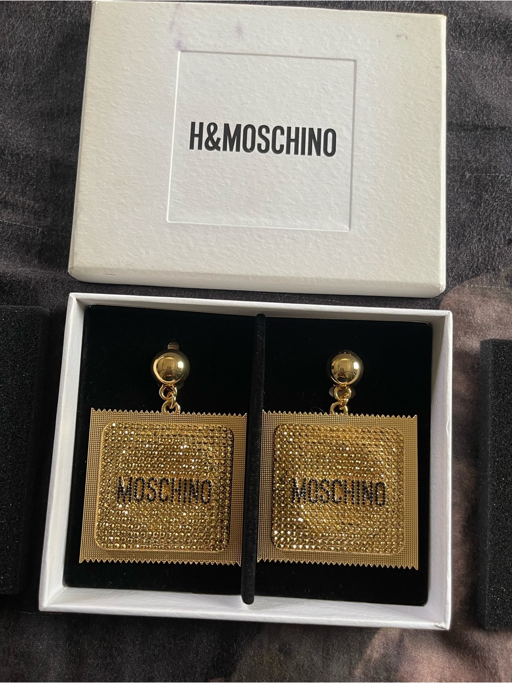 Moschino Gold Crystal Square Logo Drop Earrings - Picture 2 of 6